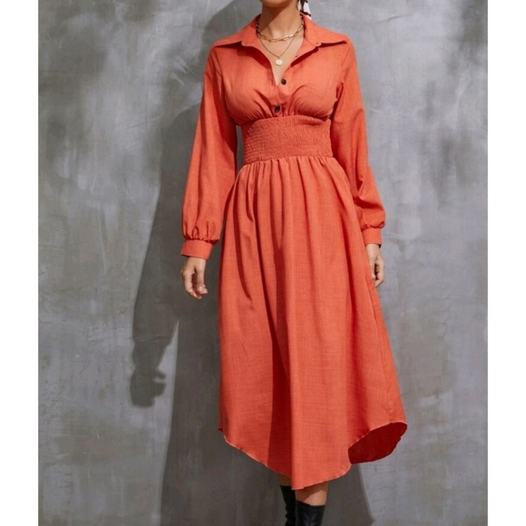 Shirred Waist Solid High Waist Buttoned Dress - Picture 4 of 8